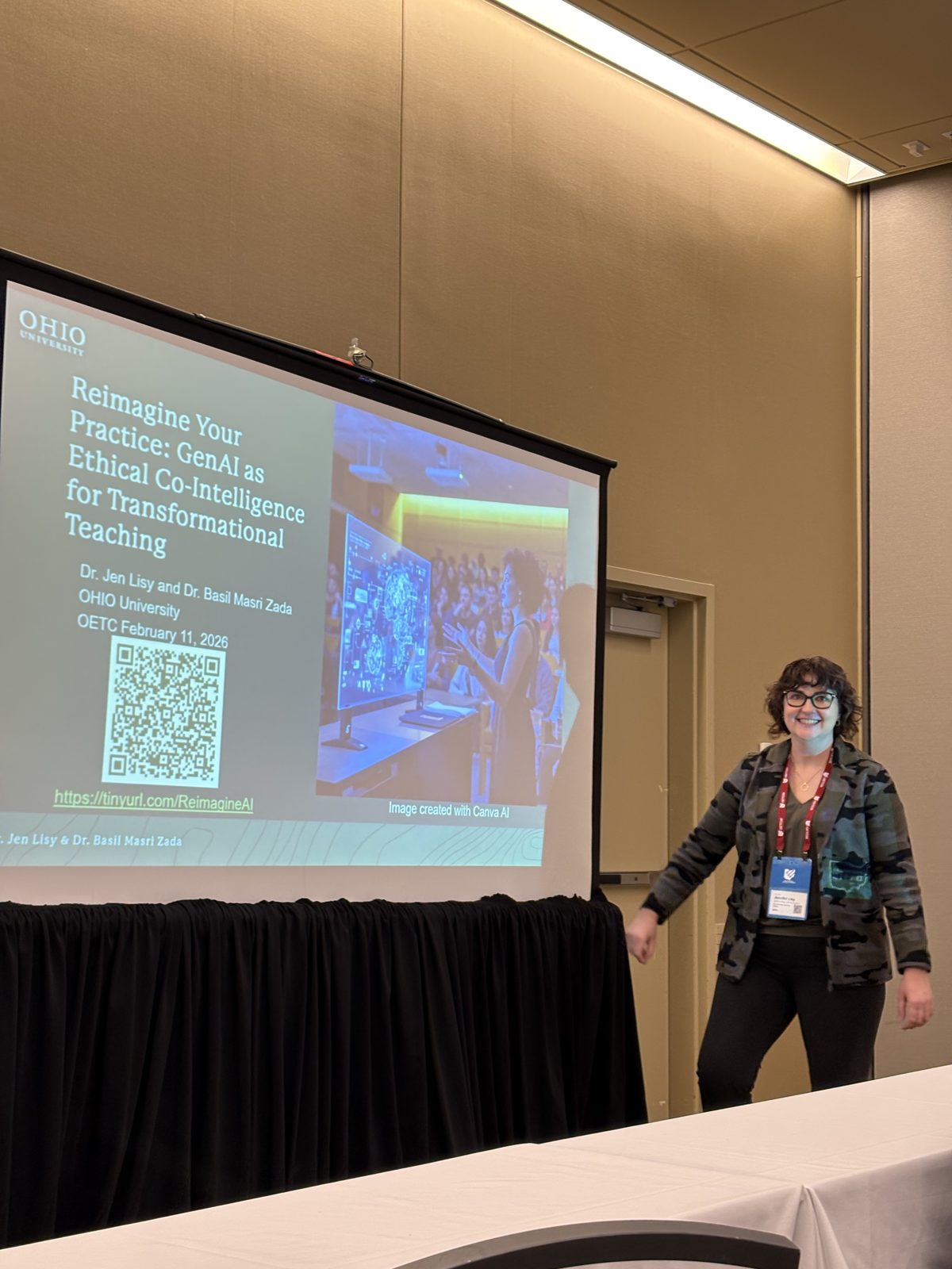Dr. Jen Lisy presenting Reimagine Your Practice: GenAI as Ethical Co-Intelligence for Transformational Teaching at OETC 2026